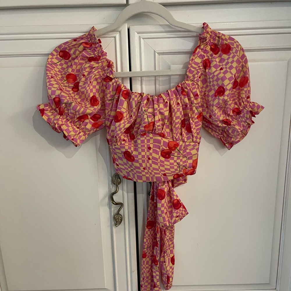 Pink and Red Checkered Cherry Women's Top
